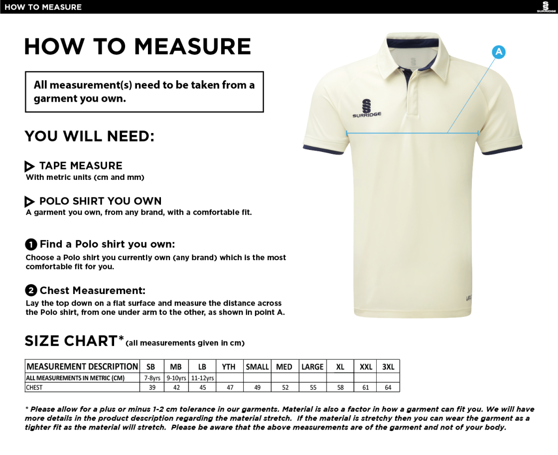 Ainsdale CC Ergo Short Sleeve Maroon Trim Shirt - Size Guide