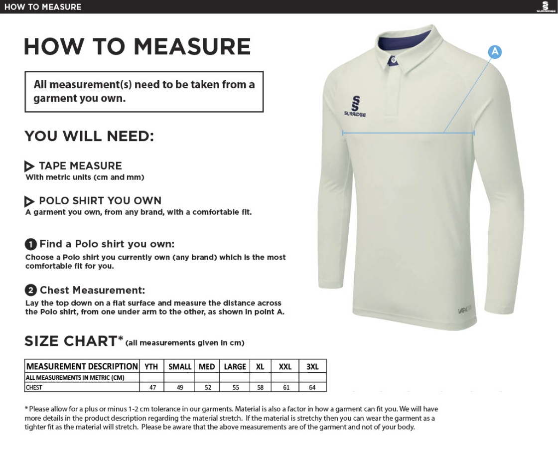 Ainsdale CC Ergo Long Sleeve Maroon Trim Shirt - Size Guide